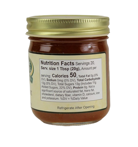 Nutrition facts label on Hartville Kitchen apricot jam jar showing calories, serving size, and dietary information