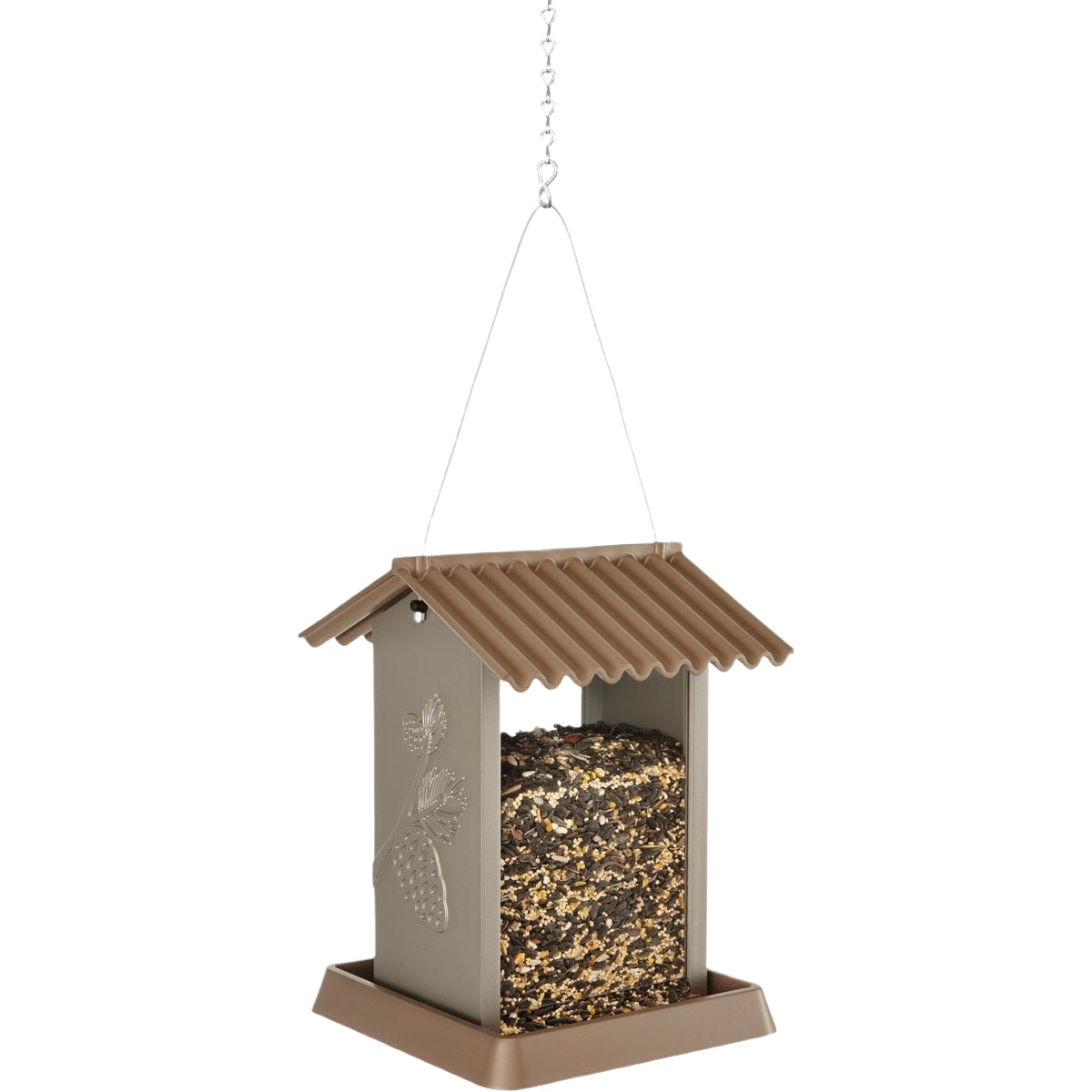 Brown plastic hopper bird feeder with roof and chain hanger for outdoor bird feeding and wildlife viewing