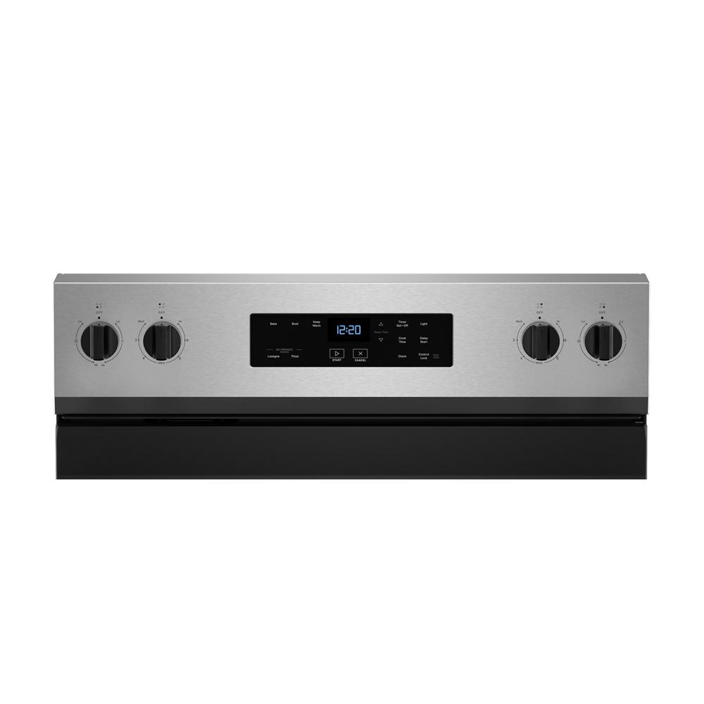 Control panel of a stainless steel electric range with four knobs and digital display in kitchen appliances category