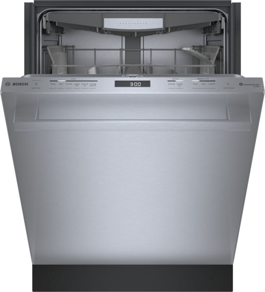Open stainless steel dishwasher from Bosch 800 Series with digital display and adjustable upper rack in kitchen appliance setting
