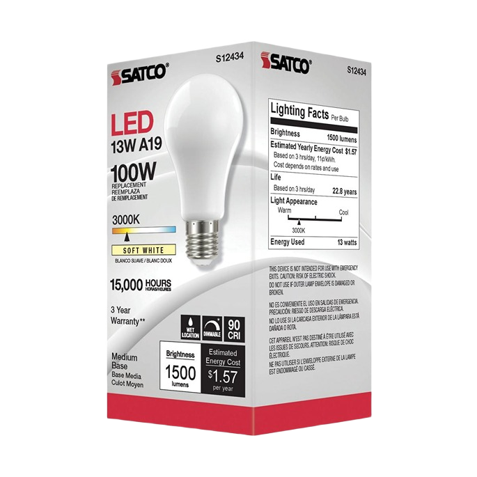 LED A19 light bulb with medium base, soft white 3000K color, energy-efficient with 15,000 hours lifespan
