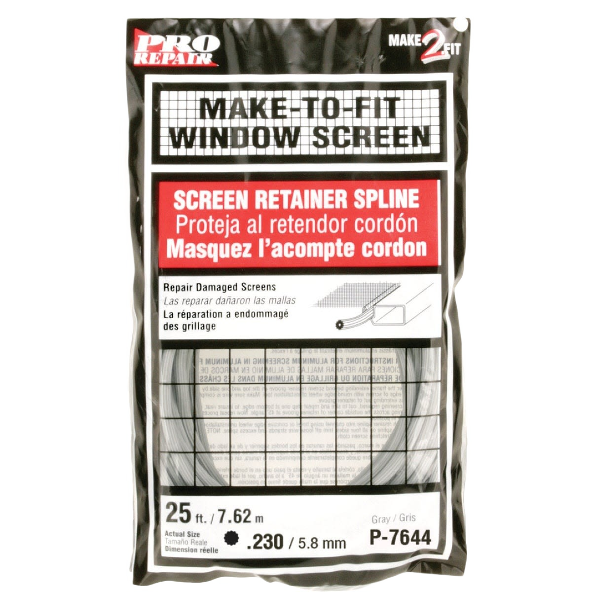 Package of gray vinyl screen retainer spline for repairing and fitting window screens in home improvement projects