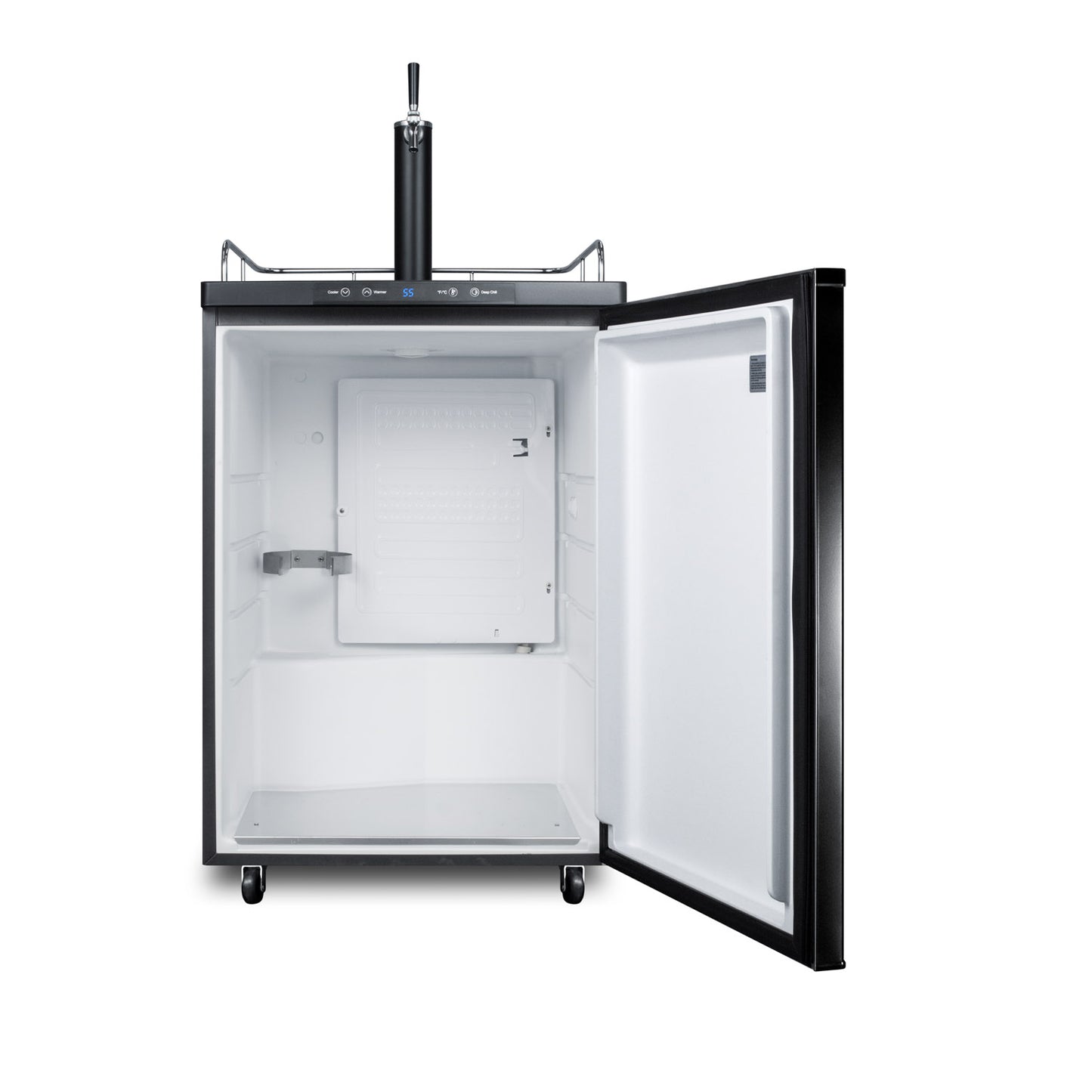Freestanding 24-inch wide kegerator with open door showing spacious interior and single tap tower in beverage centers and appliances