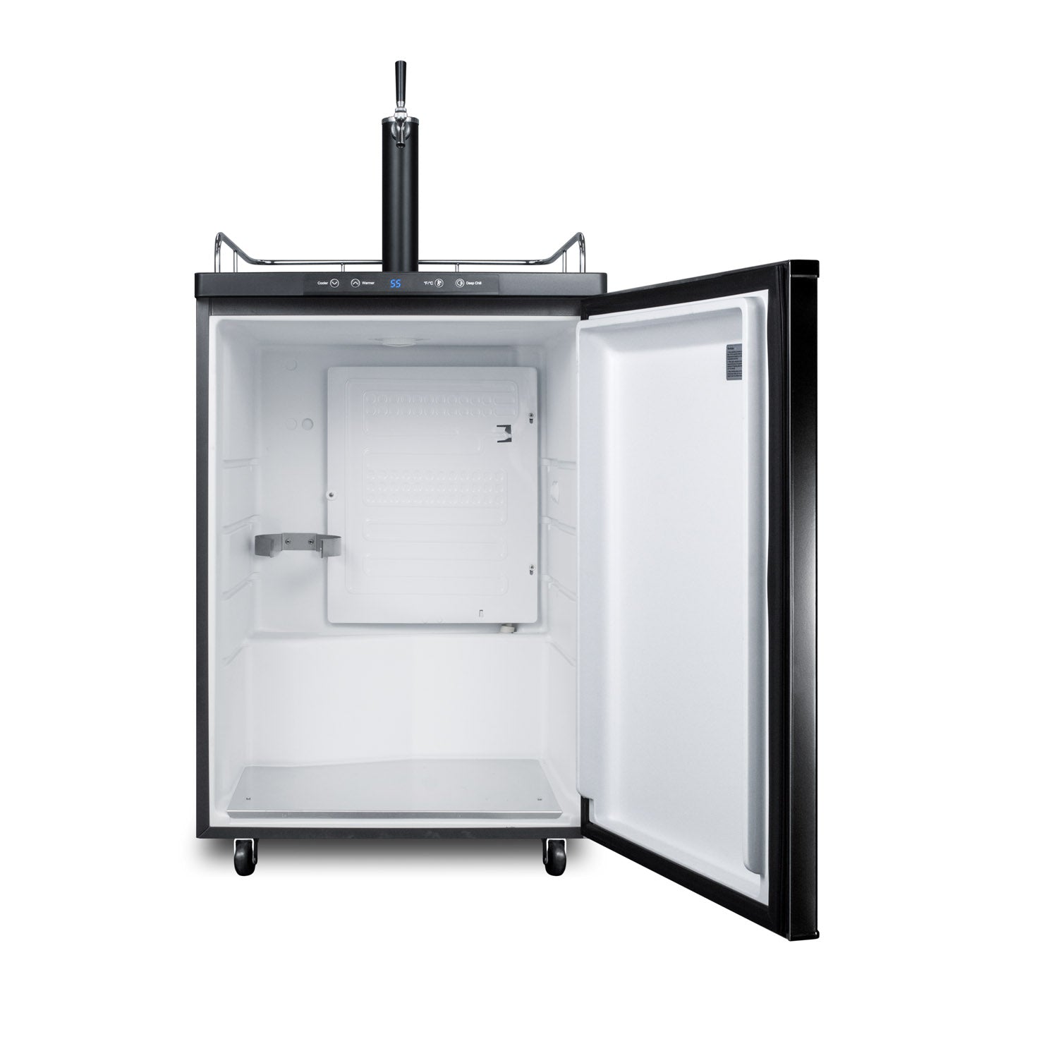 Freestanding 24-inch wide kegerator with open door showing spacious interior and single tap tower in beverage centers and appliances