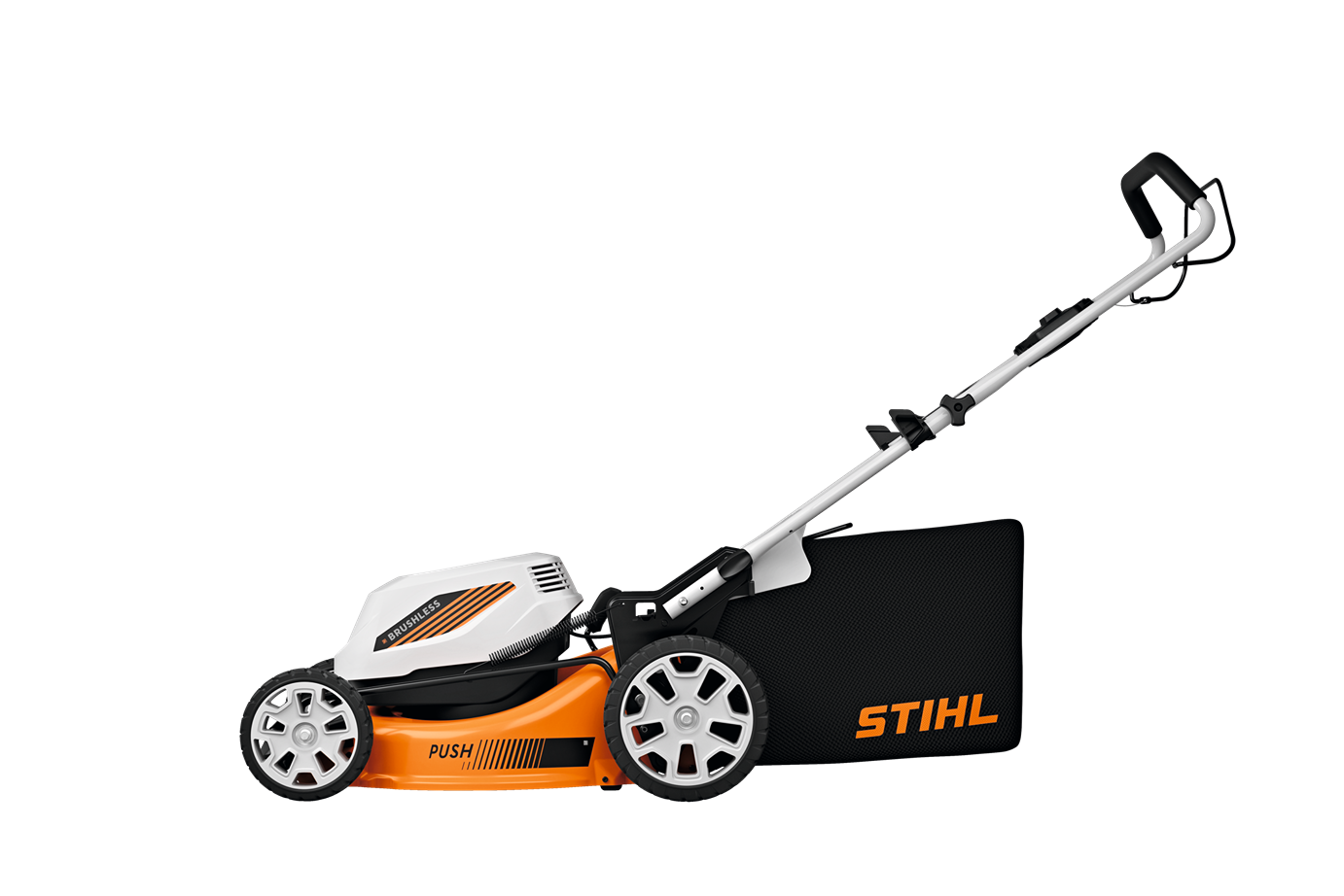 Orange and white battery powered self-propelled lawn mower with brushless motor and rear grass collection bag for outdoor power equipment and lawn care.