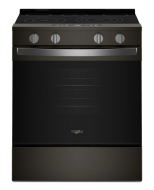 30-inch electric smart range with black finish, smooth cooktop surface, and control knobs for kitchen appliances collection
