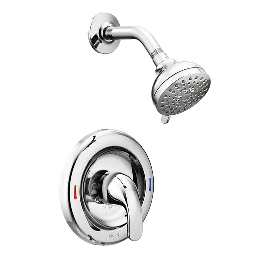 Chrome showerhead and single-handle valve trim with temperature indicators for home improvement projects