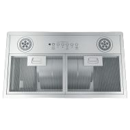 Custom stainless steel over-the-range hood insert with dimmable LED lights, designed for kitchen appliances collection