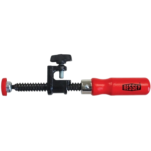Red-handled steel edge clamp adapter with threaded screw and black adjustable tightening mechanism for tool use