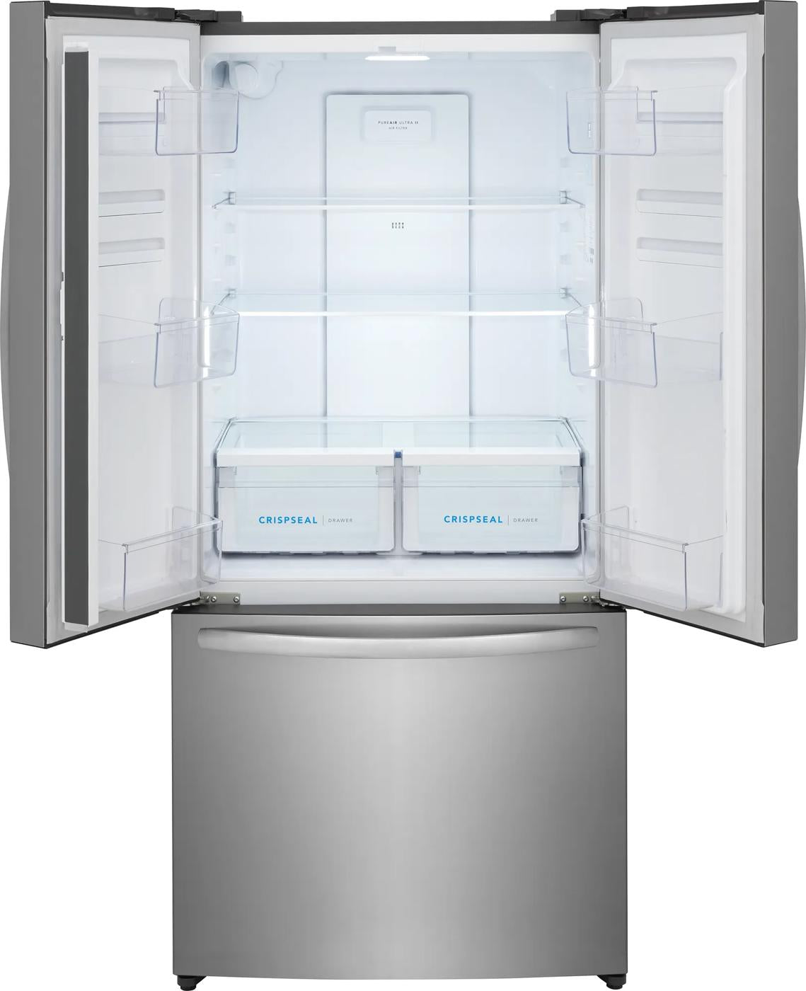 Open stainless steel French door refrigerator with clear adjustable shelves and dual crispers for fresh storage in kitchen appliances collections