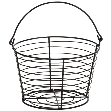 Small durable wire basket with handle for collecting and carrying eggs or small items in home improvement tasks