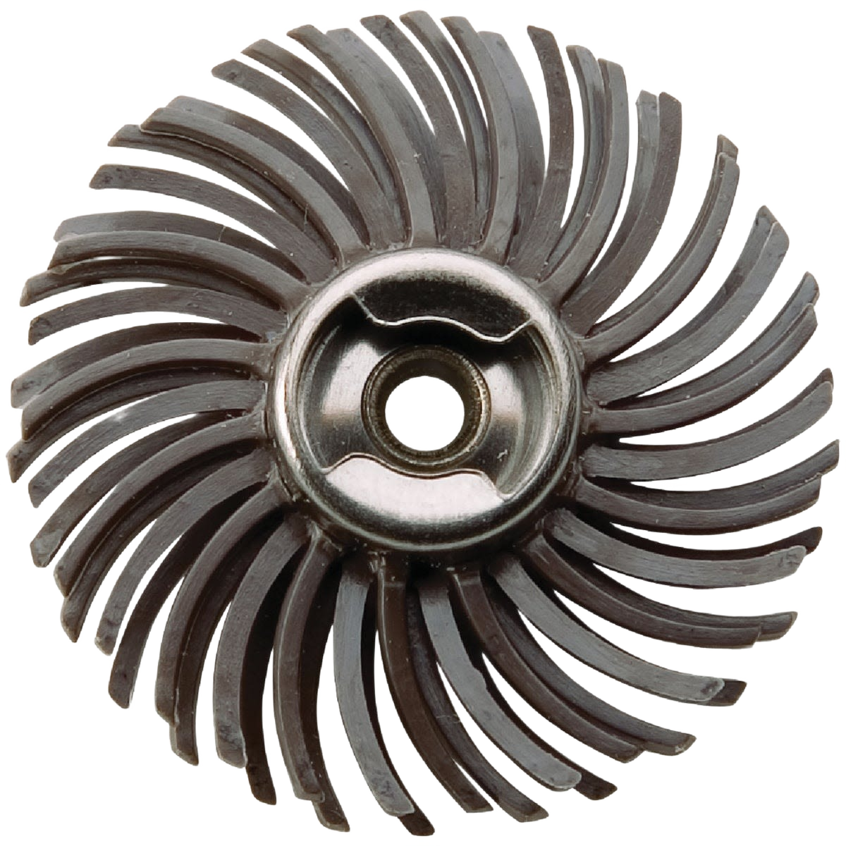 Abrasive wire brush wheel with curved bristles designed for use with rotary tools in power tool accessories collections