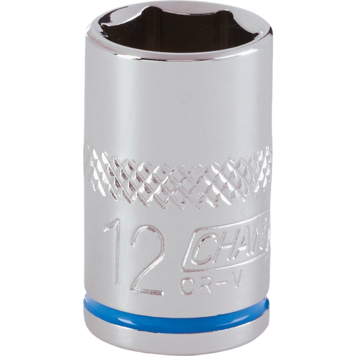 Chrome-plated 12mm 6-point shallow socket with textured grip, ideal for hand tools and woodworking collections under $50