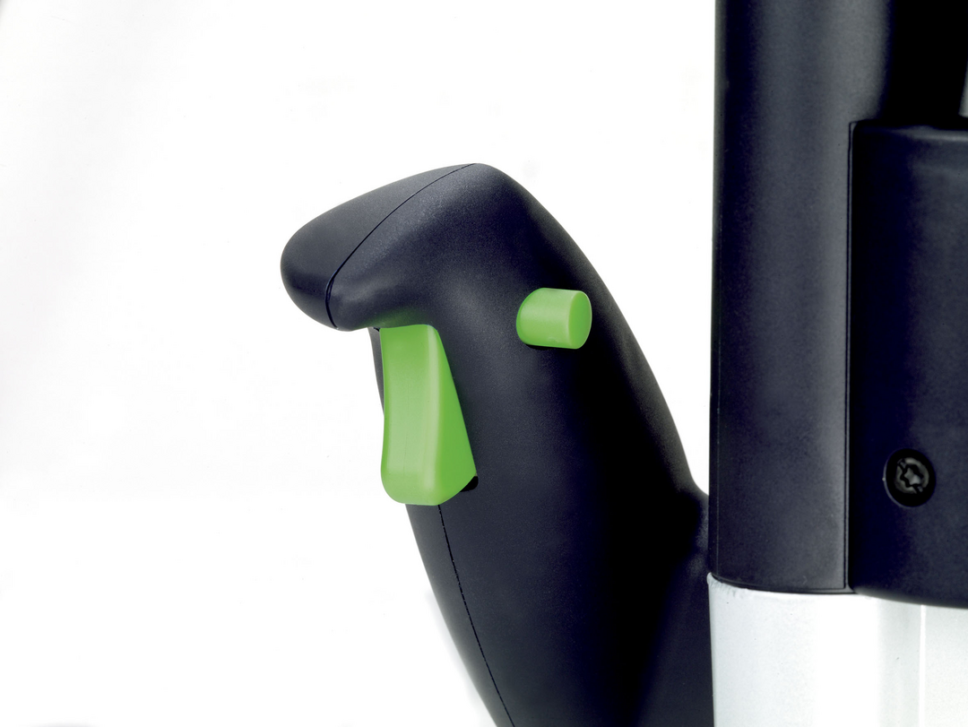 Close-up of ergonomic black and green handle trigger on Festool router from woodworking tools collection