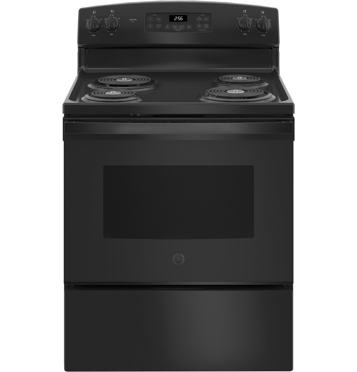 Black free-standing electric range with coil burners and digital control panel in kitchen appliances and ranges collections