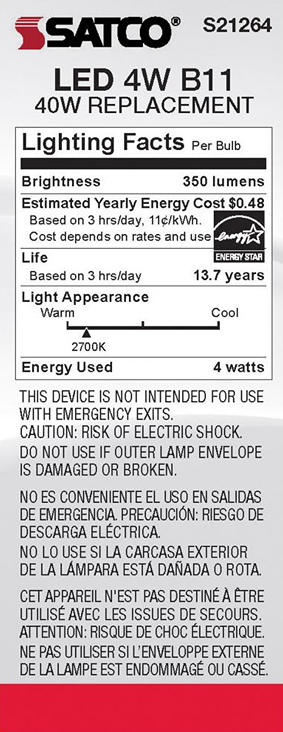Energy-efficient 4 watt LED bulb with warm 2700K light, 350 lumens brightness, and candelabra base for home lighting.