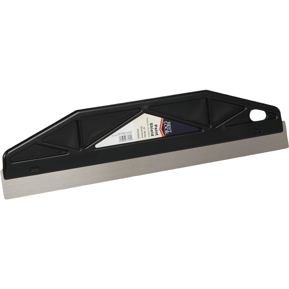Paint shield trim guide with black plastic handle and metal edge for clean painting and wallpaper trimming in home improvement tools.