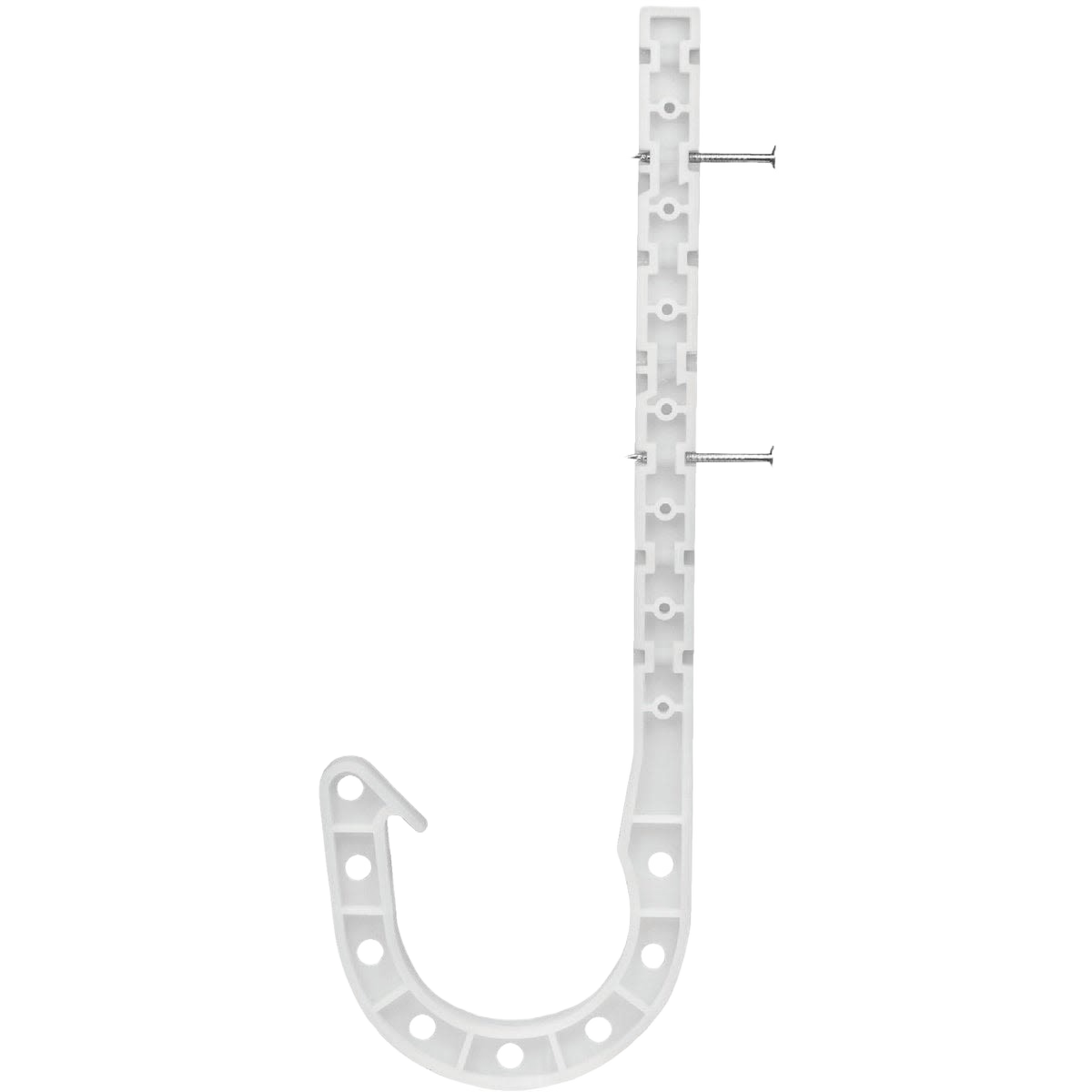 White ABS plastic J-hook pipe holder designed for plumbing and home improvement projects under $50 collection