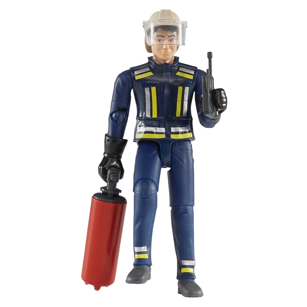 1:16 scale firefighter figure in blue uniform holding fire extinguisher and radio from Bruder Toys collection