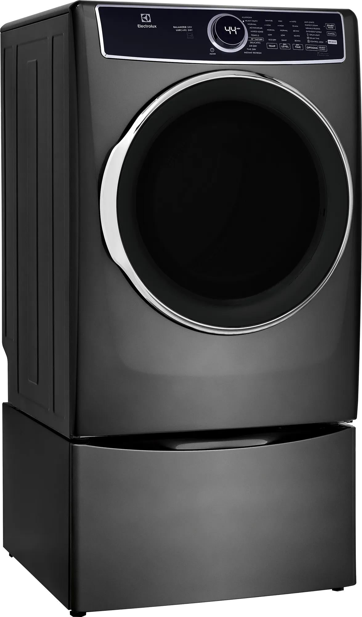 Black front load electric dryer with chrome-trimmed door and digital display in modern appliance collection