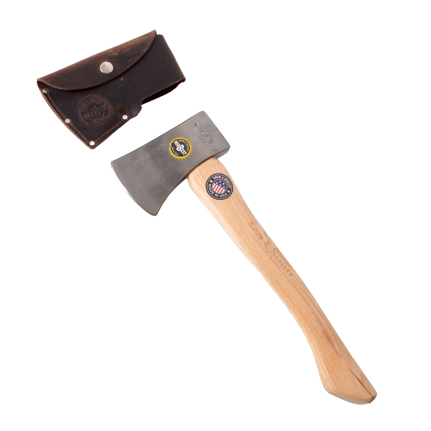 Small axe with smooth wooden handle and polished steel head, including leather sheath for outdoor and gardening hand tools under $100 collections