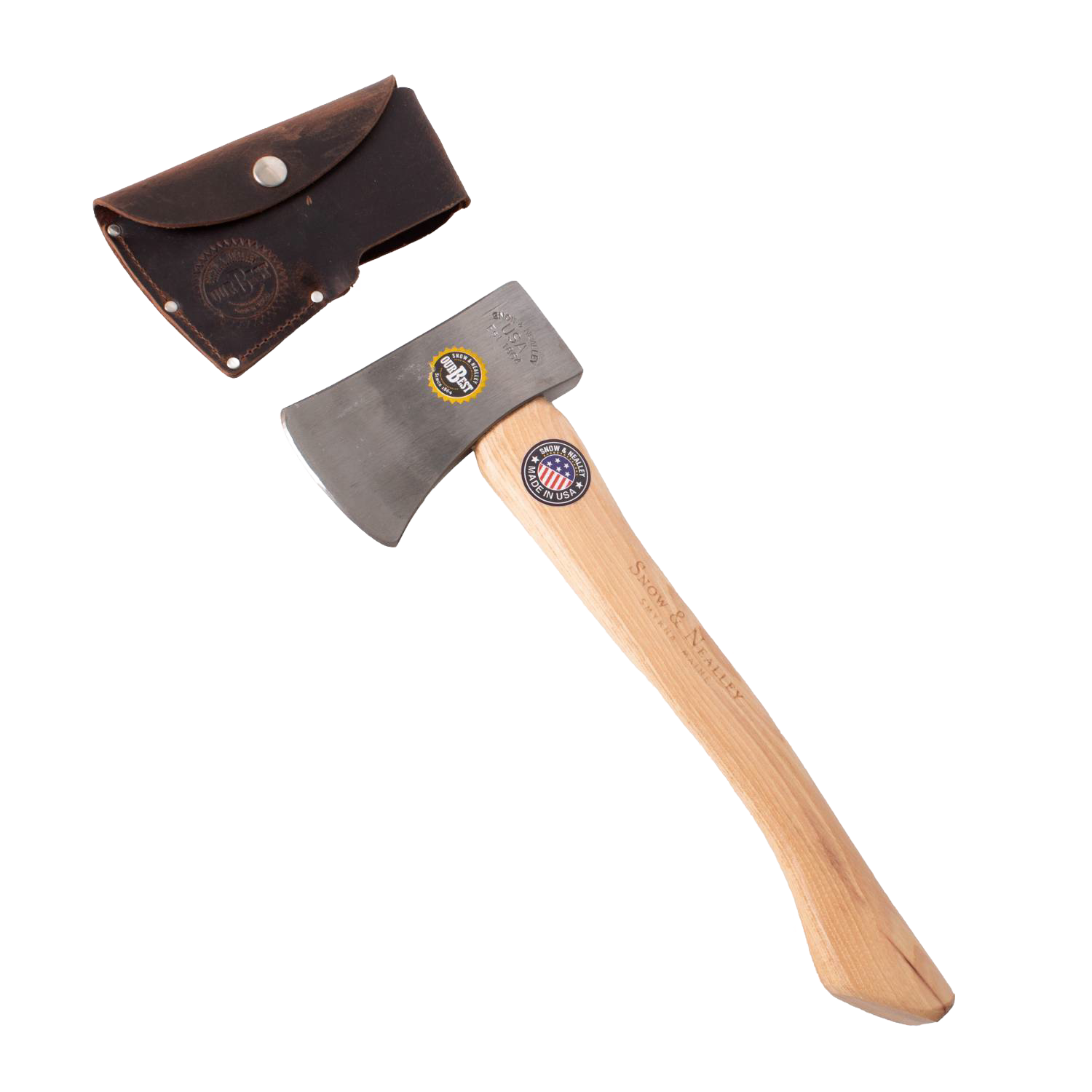Small axe with smooth wooden handle and polished steel head, including leather sheath for outdoor and gardening hand tools under $100 collections