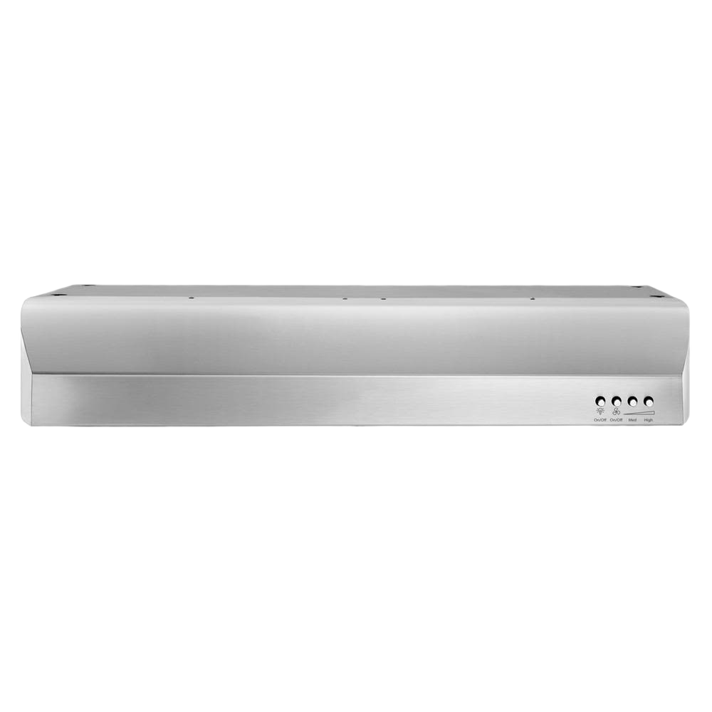 Under-cabinet vented kitchen hood in stainless steel with push-button controls and 300-CFM airflow for ventilation tasks