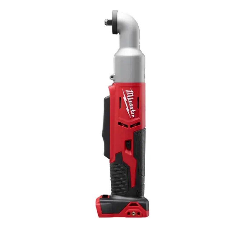 Red and black cordless right angle impact wrench with ergonomic grip for home improvement and tool applications