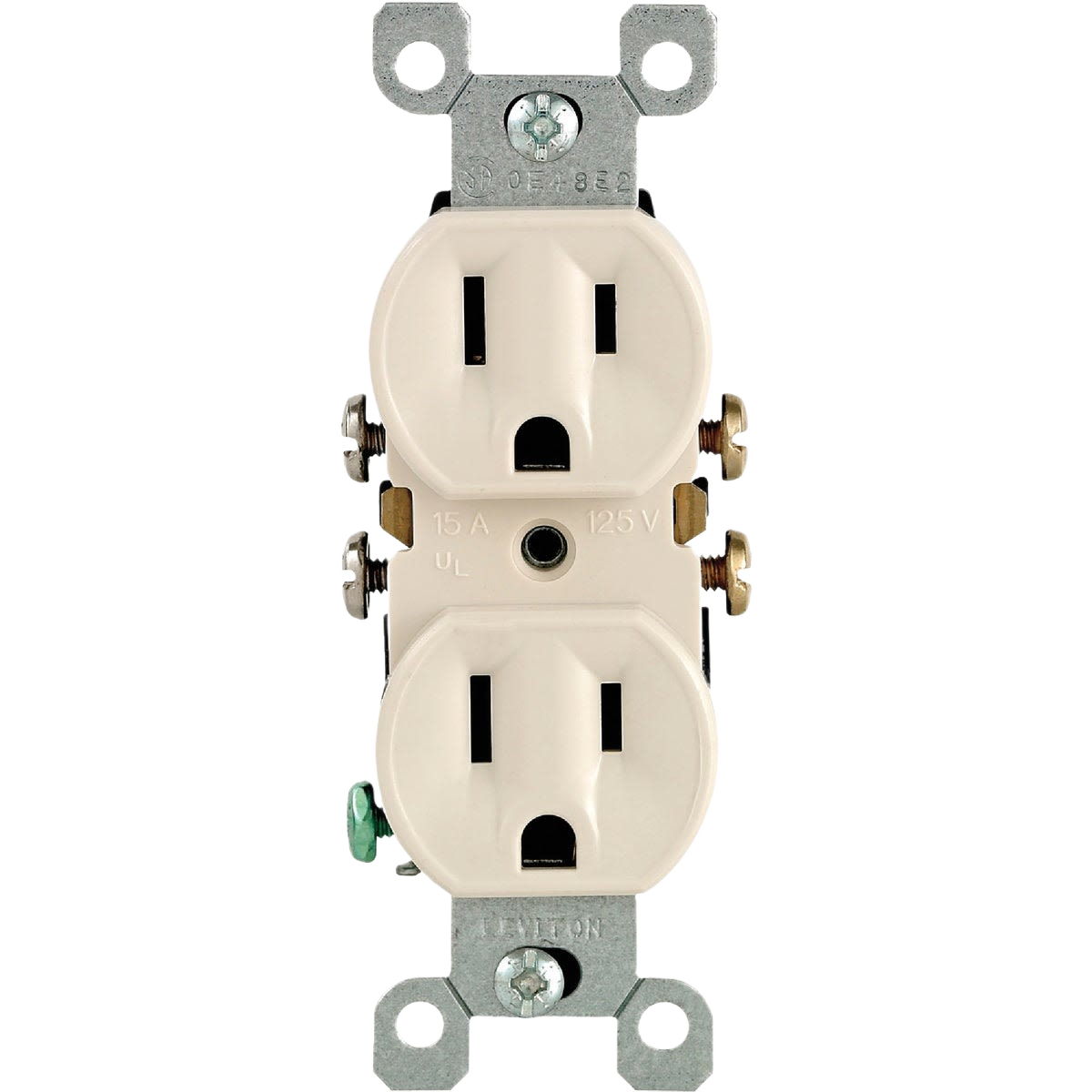 Light almond shallow grounded duplex outlet for electrical boxes in home improvement and electrical collections