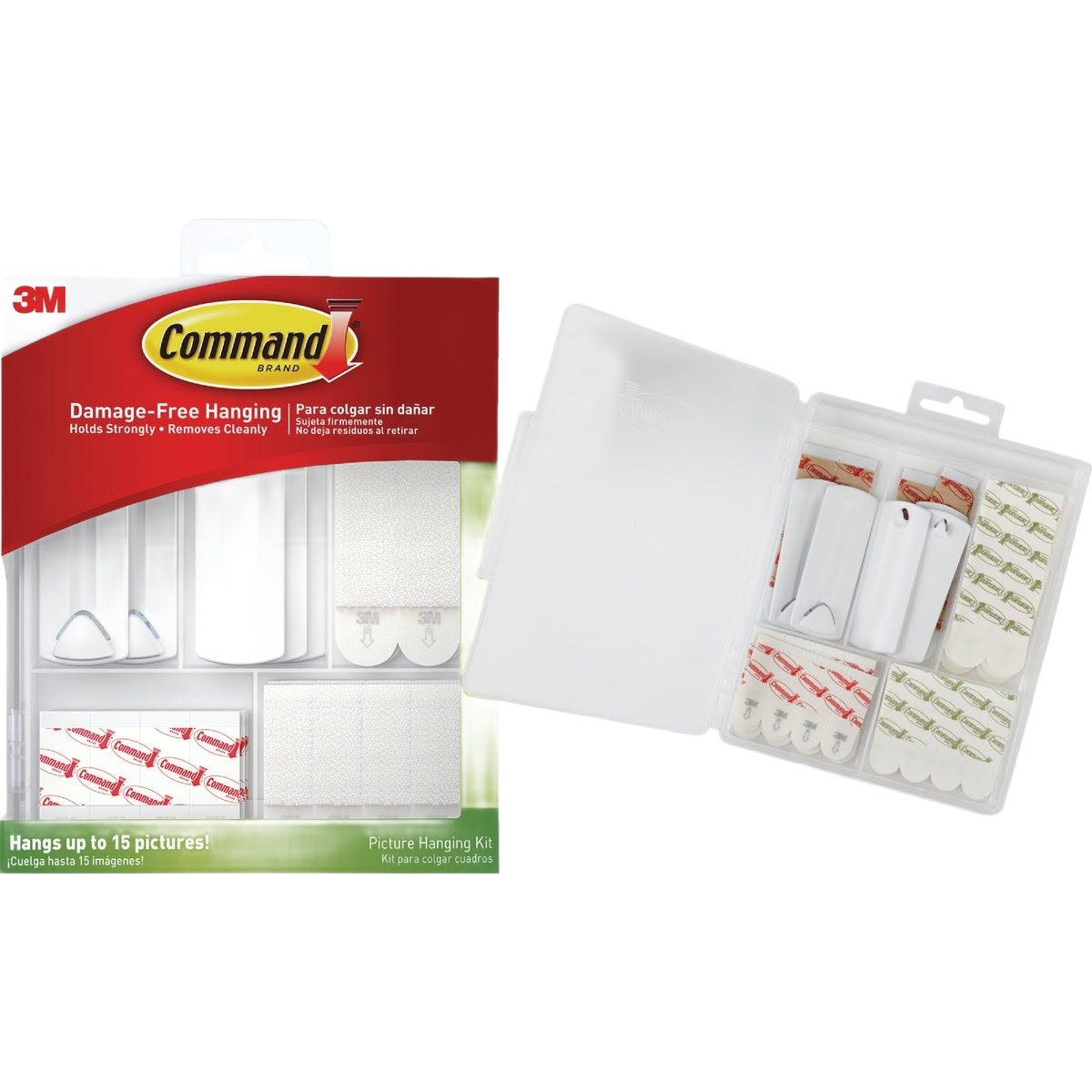 3M Command picture hanging kit with assorted hooks and strips in clear plastic storage box for home improvement