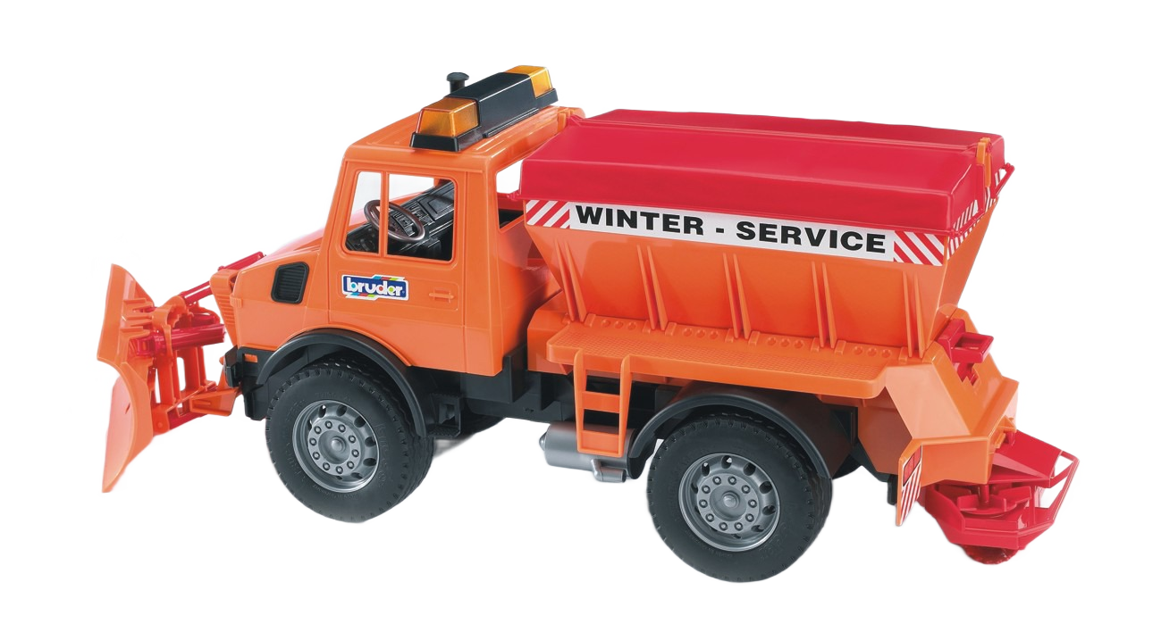 Orange Bruder winter service toy truck with adjustable snow plow and spreader, part of vehicles and toys under $100 collection