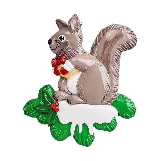 Squirrel ornament wearing mittens holding an acorn on snowy greenery from Christmas Ornaments & Tree Decorations collection