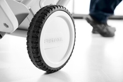 Close-up of a durable wheel on a Festool table saw underframe for woodworking tools and Festool storage solutions