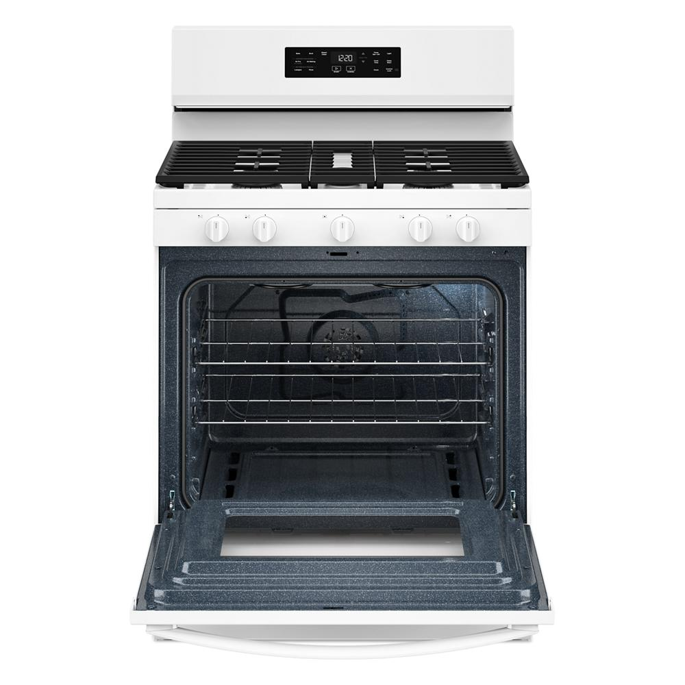 White 30-inch gas range with open oven door, Air Cooking Technology, five knobs, and digital control panel from kitchen appliances collection