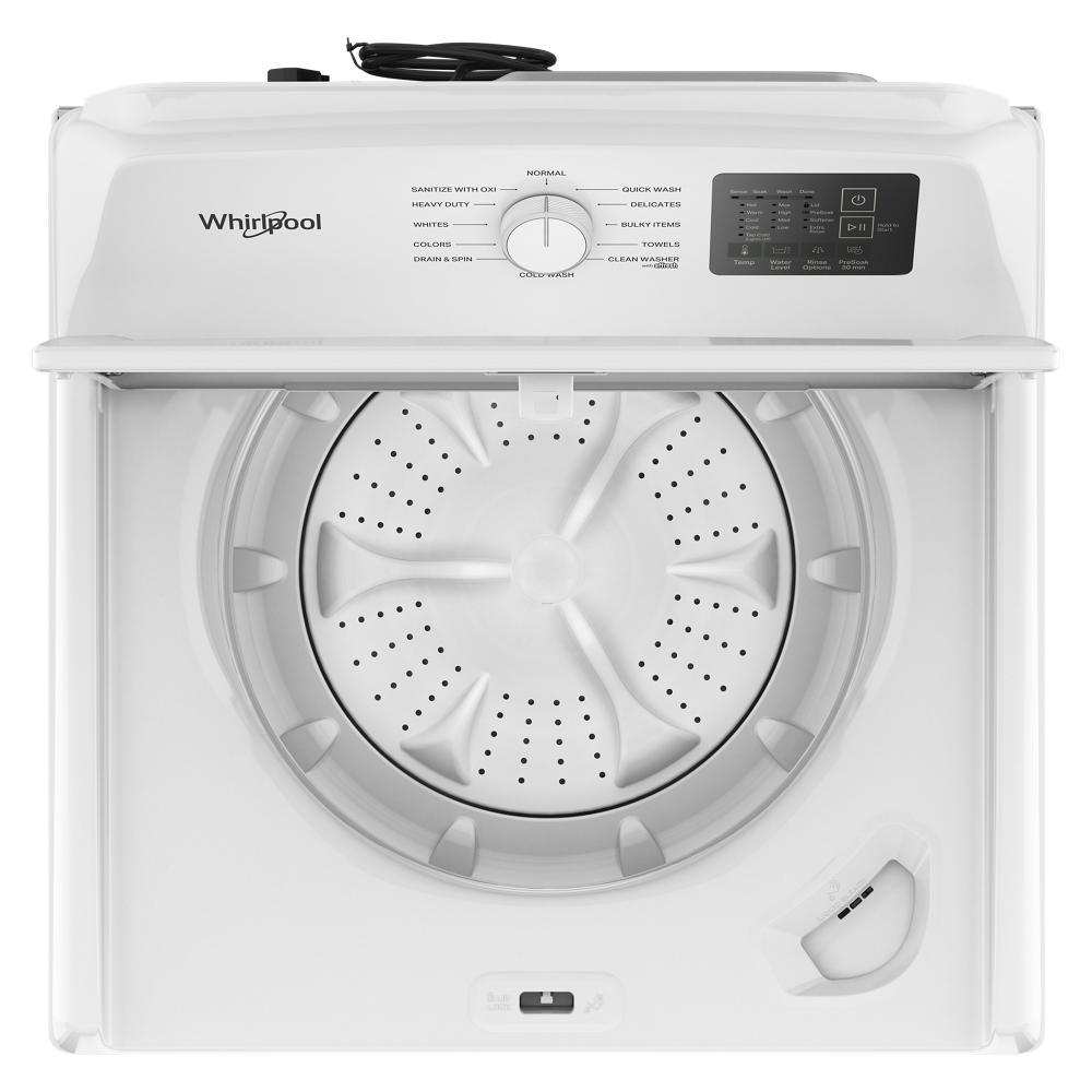 White Whirlpool top load impeller washer with digital control dial, quick wash cycle, and soft close glass lid, part of Washers & Dryers and Appliances collections.