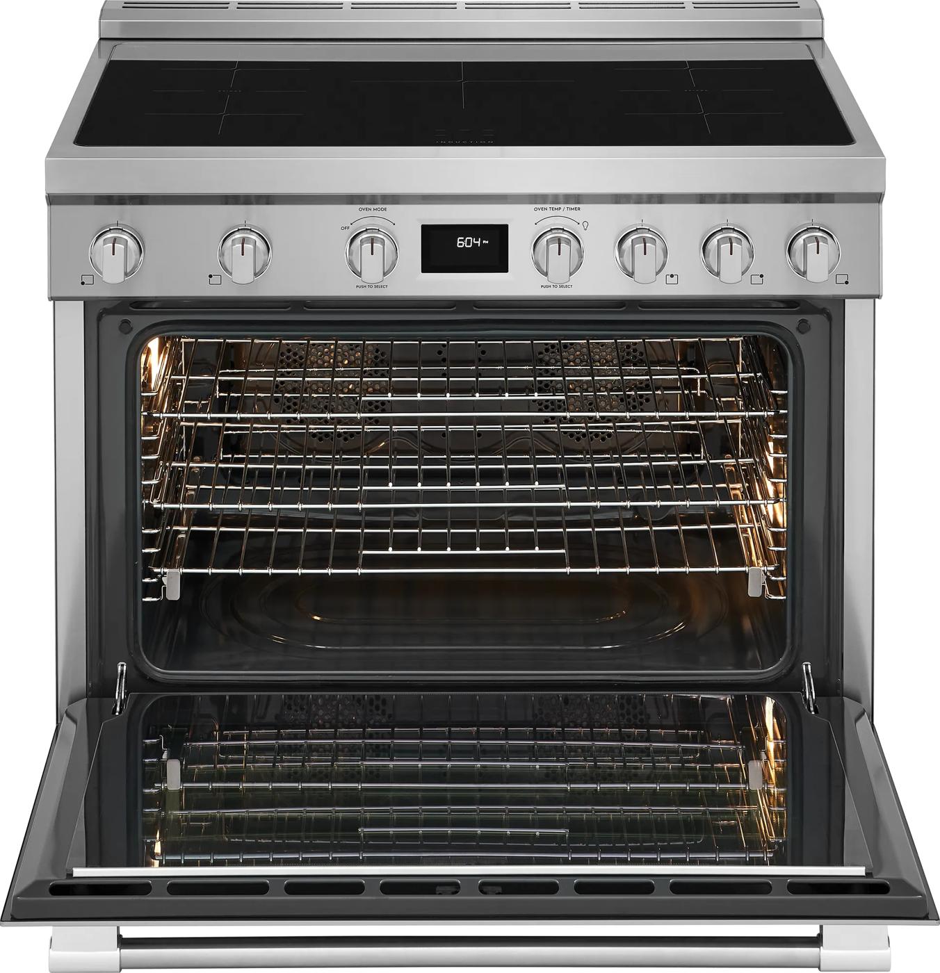 Stainless steel 36-inch induction freestanding range with digital display, control knobs, and open oven in appliances collection