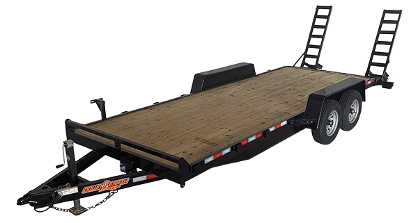 Heavy-duty equipment trailer with wooden deck and dual axle for hauling tools and machinery in home improvement tasks