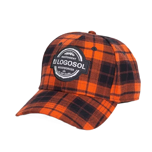 Orange plaid cap with LOGOSOL Independent Woodworker patch, a stylish tool accessory for woodworking enthusiasts under $50 collections