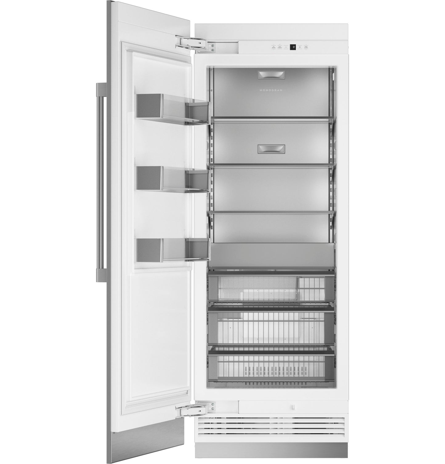 Open panel-ready integrated freezer column with adjustable glass shelves and clear storage bins in kitchen appliances collection