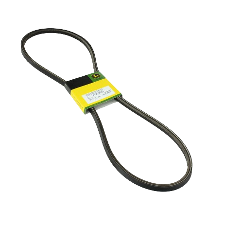 Black V-belt loop with John Deere branded yellow packaging for automotive and machinery drive belt replacement parts collections