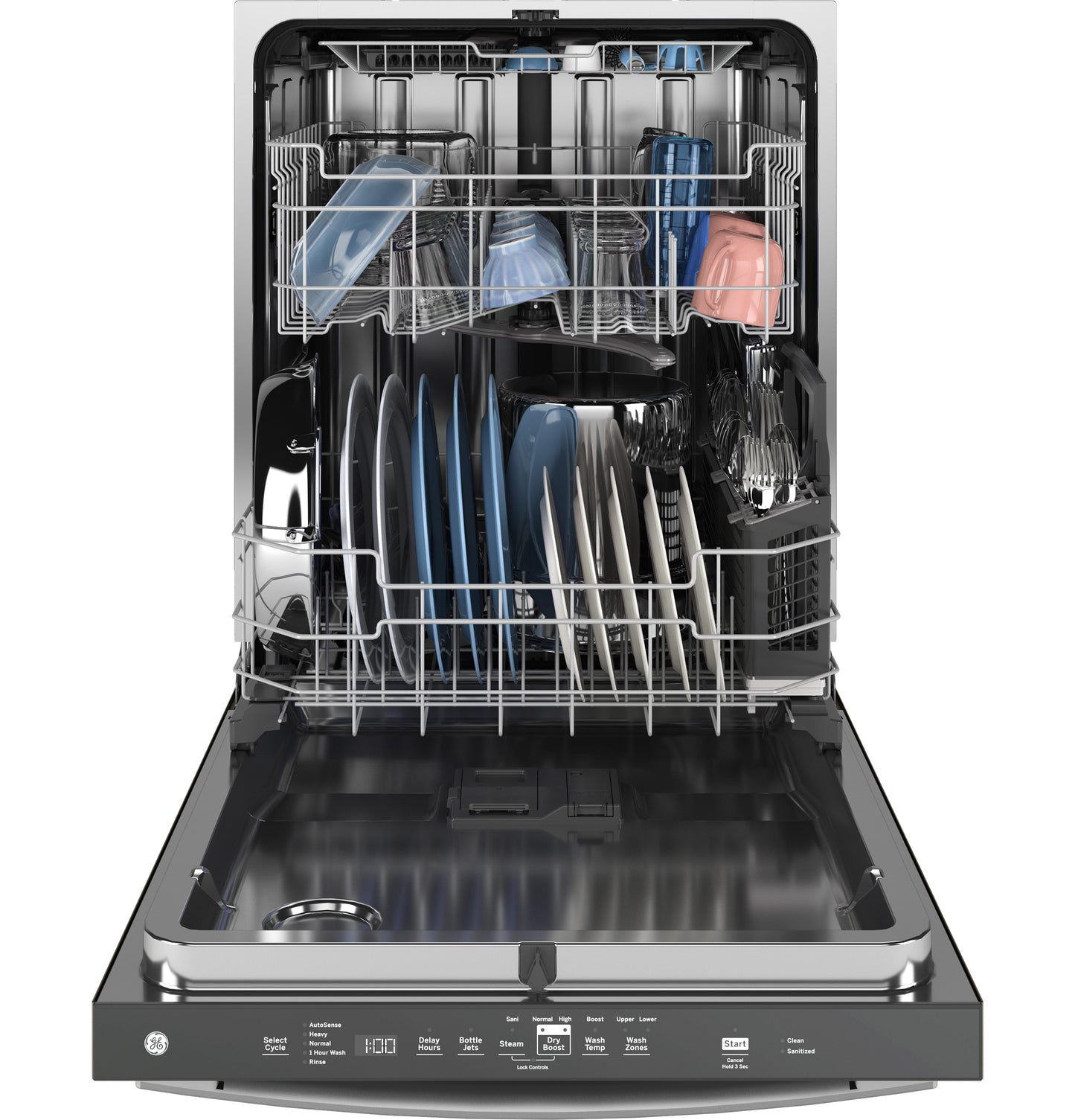 Built-in dishwasher with stainless steel interior loaded with dishes, glasses, and kitchenware from appliances collection