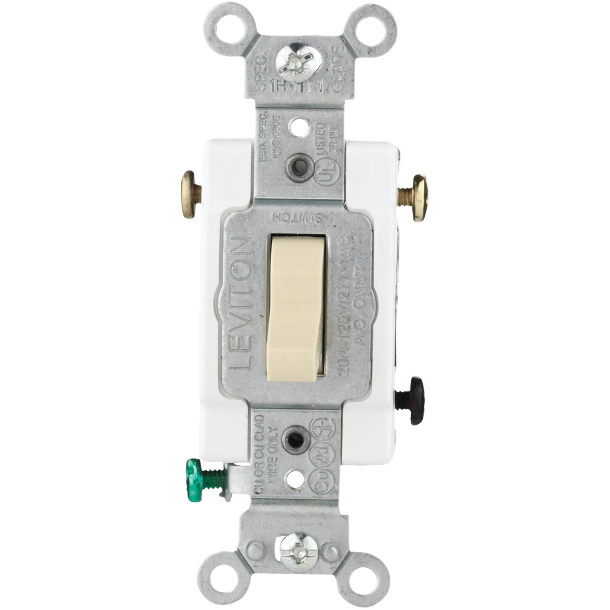 Ivory toggle switch with metal mounting bracket designed for quiet 20-amp 3-way home improvement use