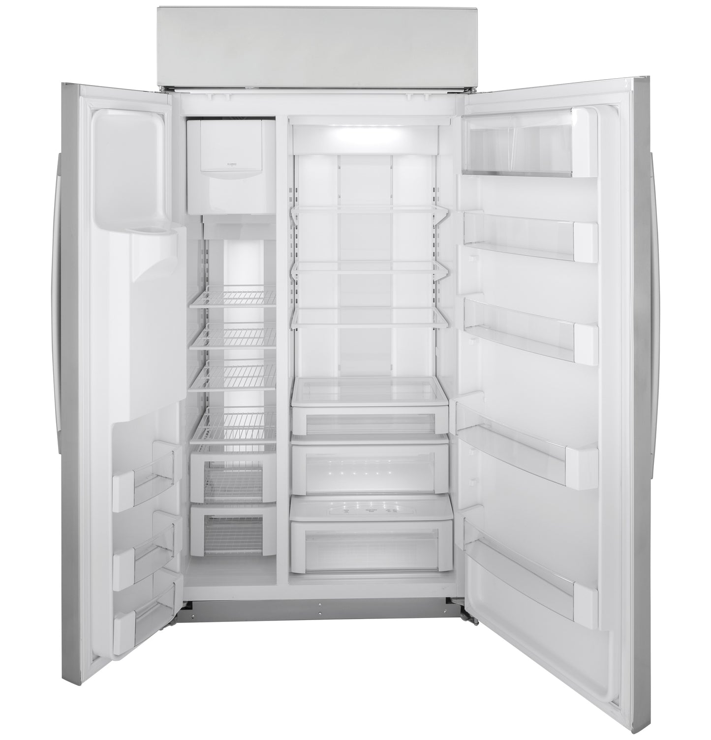 Open built-in side-by-side refrigerator with multiple adjustable shelves and clear door bins for kitchen appliance storage collections