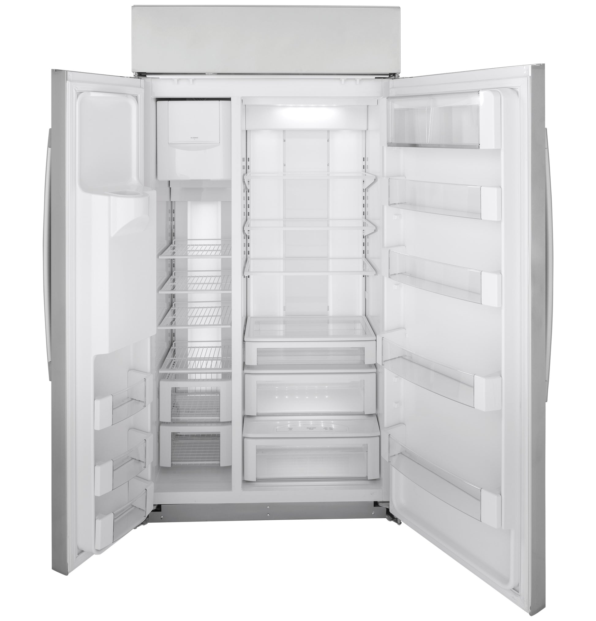 Open built-in side-by-side refrigerator with multiple adjustable shelves and clear door bins for kitchen appliance storage collections
