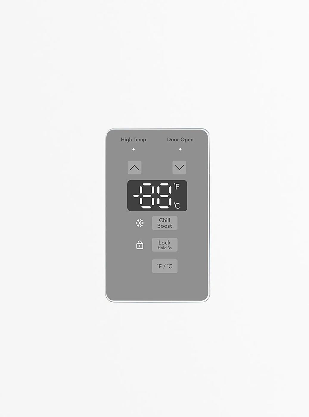 Digital control panel displaying temperature with buttons for Chill Boost, Lock, and Fahrenheit/Celsius toggle, suited for Refrigerators and Appliances collections.