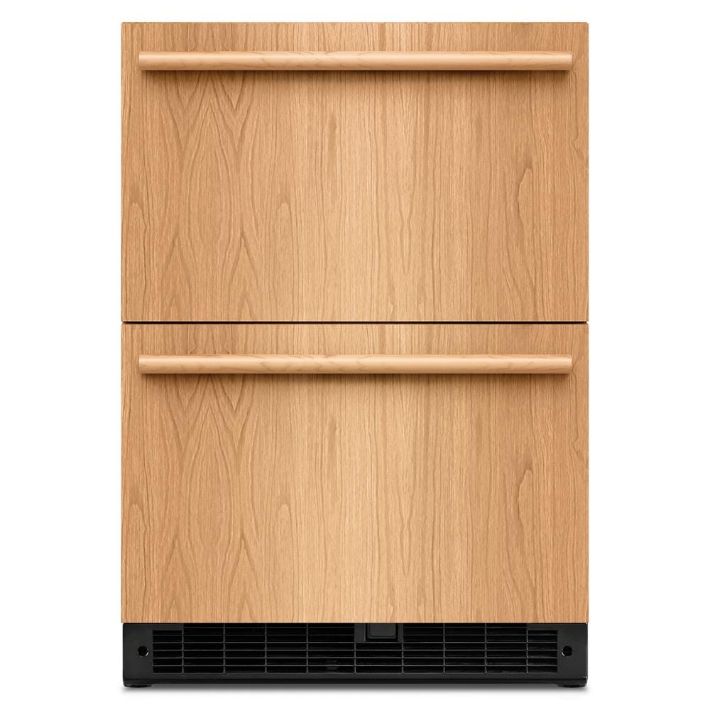 Panel-ready undercounter double-drawer refrigerator with wood finish handles in KitchenAid appliances collection