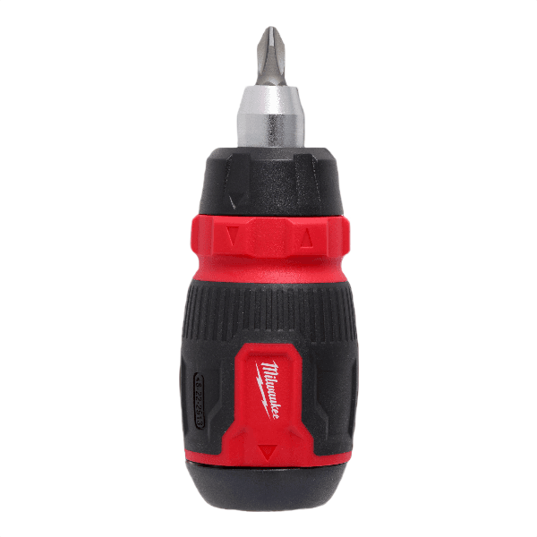 Compact Milwaukee ratcheting screwdriver with multi-bit storage and ergonomic red and black grip for home improvement tasks