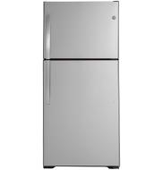 Stainless steel top-freezer refrigerator with smooth finish, ideal for kitchen and home improvement appliance collections.