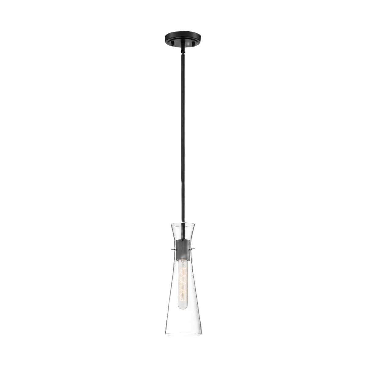 Single-light pendant with clear glass shade and black finish, suited for bathroom and pendant lighting collections.