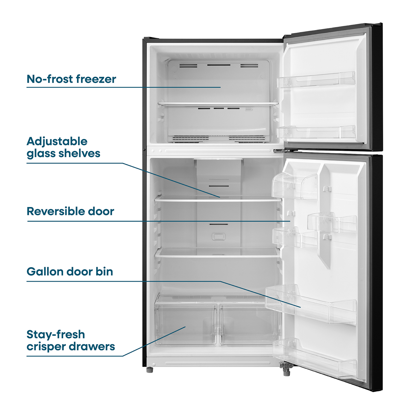 Black top freezer refrigerator with no-frost freezer, adjustable shelves, reversible door, gallon bin, and crisper drawers in appliances collection